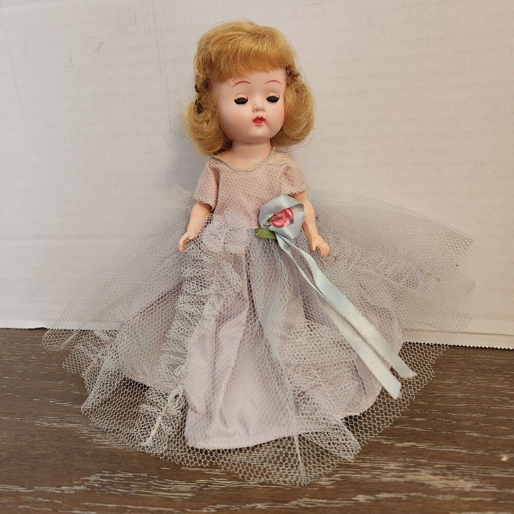 Vintage 1950's Hard Plastic 7" Blonde Mystery Doll with Lavender Mesh Dress